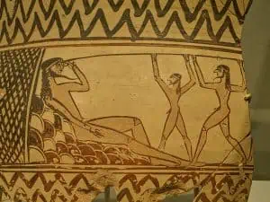 Exploring The Timeless Epic: Homer'S Odyssey 4 003 archaic or late geometric period krater depicting odysseus and a friend stabbing the giant polyphemus in his only eye, clay, 670 bce, archaeological museum of argos