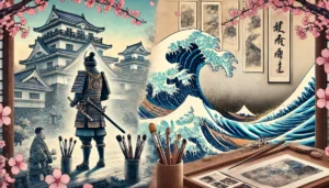 A digital painting of two distinct scenes representing Japan's art and history side by side. On the left, an Edo period shogun like Tokugawa Ieyasu