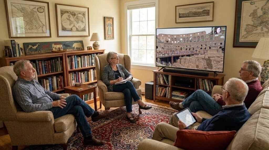 Adults participating in live online cultural programs for lifelong learners about history and archaeology
