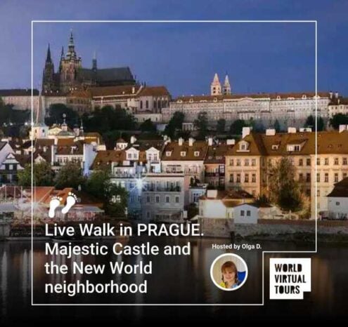 Live walk in prague. Majestic castle and the new world neighborhood